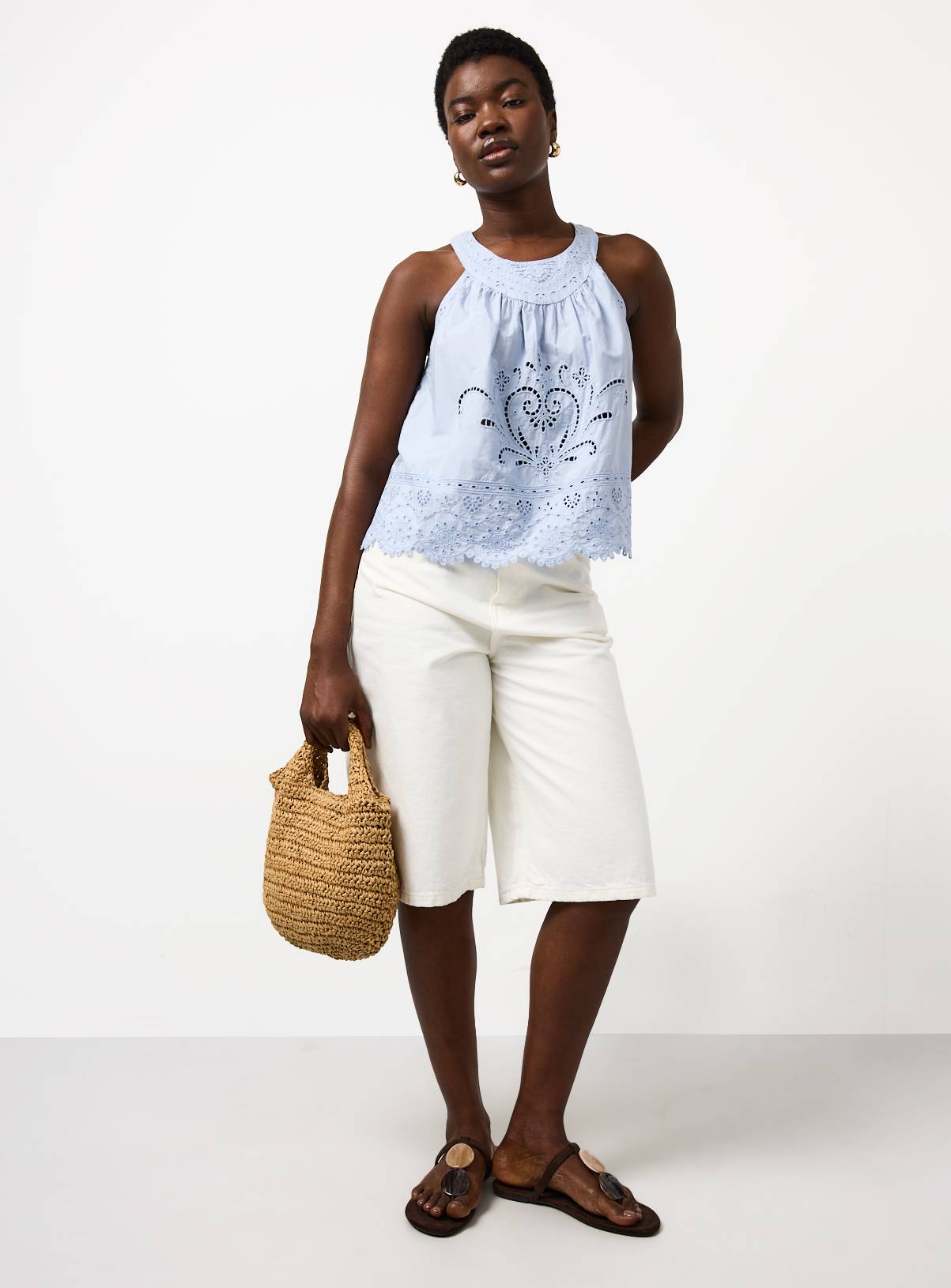 Light Blue Broderie Detail Halter Neck Shell Top 20 - Image 2